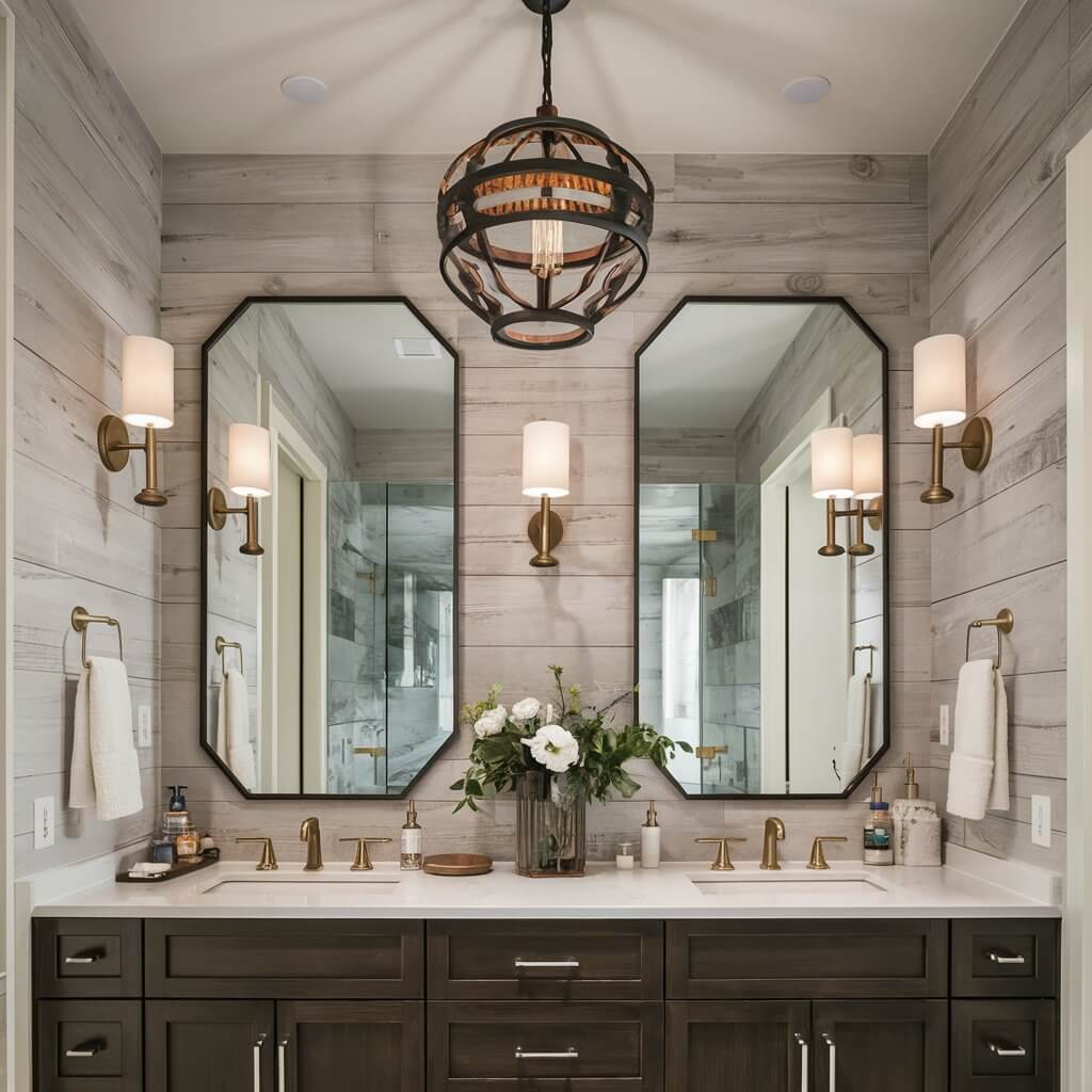 12 Stunning Luxury Bathroom Lighting Ideas to Elevate Your Space 11 An elegant bathroom showcasing artistic light fixtures that enhance luxury and style. The image features a stunning arrangement of unique light designs, including pendant lights and sconces, that provide ambient illumination and elevate the bathroom decor. Ideal for those seeking inspiration for luxury bathroom lighting ideas, these artistic fixtures blend functionality with contemporary aesthetics, creating a sophisticated atmosphere.