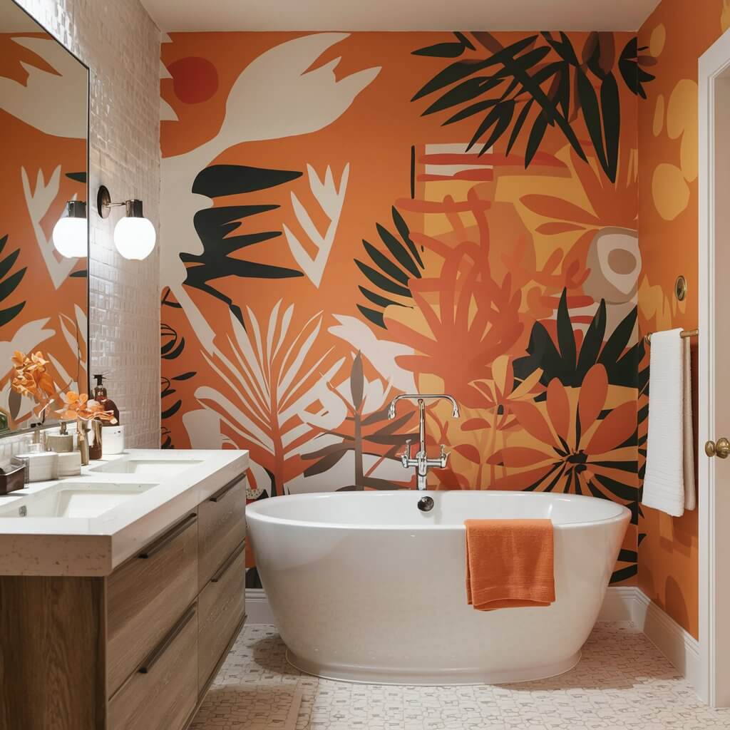 10 Stunning Orange Bathroom Ideas You’ll Want to Copy 5 Artistic orange murals in a stylish bathroom, featuring vibrant hues and creative designs that enhance the space. This modern bathroom showcases innovative orange bathroom ideas, blending functionality with artistic flair, perfect for adding warmth and personality to your home decor. Explore unique color schemes and mural designs to transform your bathroom into a vibrant oasis.