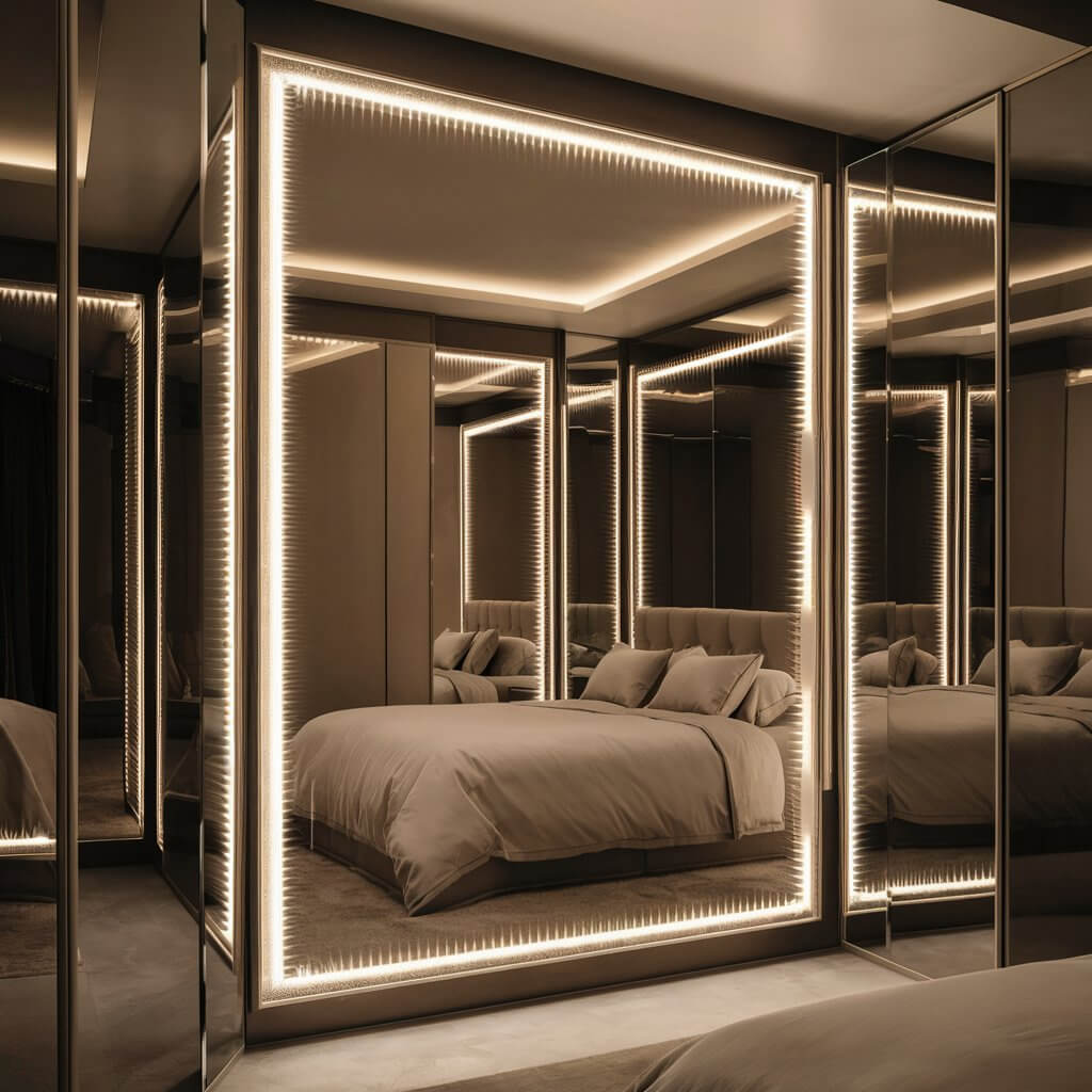 12 Creative Bedroom Décor Light Ideas for Every Style 9 Stylish bedroom decor light ideas featuring modern backlit mirrors that enhance ambiance and functionality. The image showcases elegant backlit mirrors above a chic vanity, providing soft illumination that complements contemporary and minimalist bedroom designs. Perfect for creating a warm and inviting atmosphere, these mirrors reflect light beautifully, making the space feel larger and brighter while adding a touch of sophistication to bedroom decor