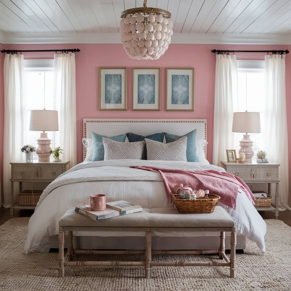 13 Must-Try Coastal Colors for Your Dream Bedroom Makeover 12 Coastal bedroom featuring soothing blush pink walls, complemented by white furniture and nautical decor, creating a serene and inviting atmosphere perfect for beach-inspired interiors. The soft blush tones enhance the natural light, adding warmth to the coastal design aesthetic.