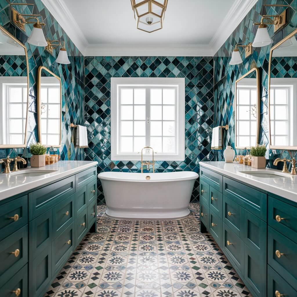 13 Unique Luxury Bathroom Tile Designs to Consider 13 Luxury bathroom tile design featuring a stunning array of bold color palettes, showcasing vibrant blues, deep greens, and rich burgundies. The image highlights contemporary tiles arranged in intricate patterns, creating a stylish and sophisticated atmosphere perfect for modern bathrooms. Explore how these striking colors can transform your bathroom into a luxurious retreat with a captivating aesthetic.