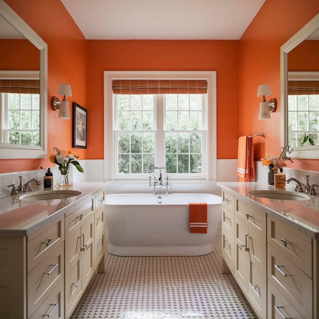 10 Stunning Orange Bathroom Ideas You’ll Want to Copy 1 Vibrant orange bathroom featuring bold orange walls that create a lively and energetic atmosphere. This modern design showcases stylish fixtures, contrasting white accents, and chic accessories that enhance the overall aesthetic. Ideal for those seeking inspiration for orange bathroom ideas, this space emphasizes the beauty of bold color choices in home décor.