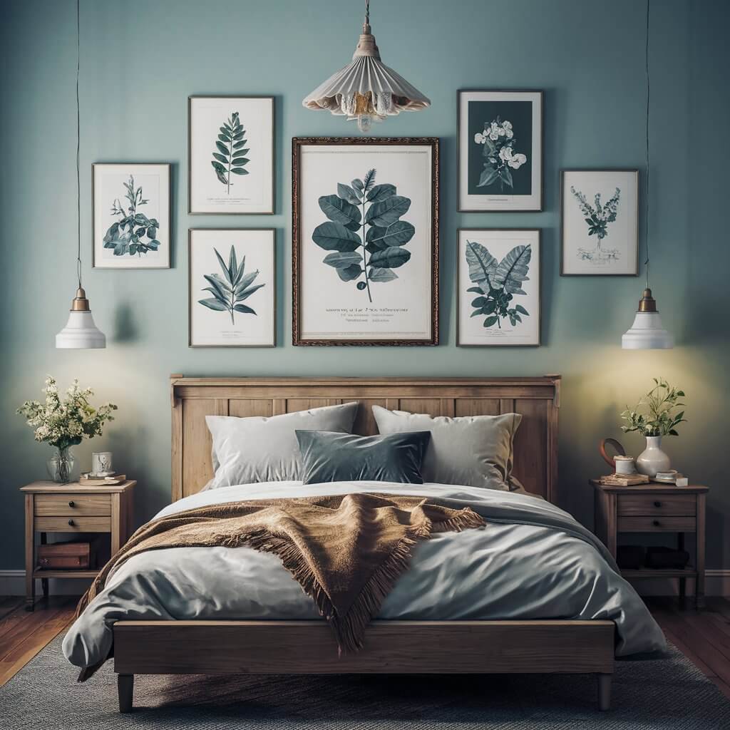 Vintage bedroom decor featuring botanical prints, adding a timeless charm with framed floral artwork on soft pastel walls. The classic green and natural tones of the botanical illustrations create an inviting, cozy atmosphere, perfect for those seeking elegant vintage bedroom ideas. This beautifully styled space combines antique wooden furniture and vintage-inspired bedding, complemented by the botanical prints, bringing nature indoors with a nostalgic touch.