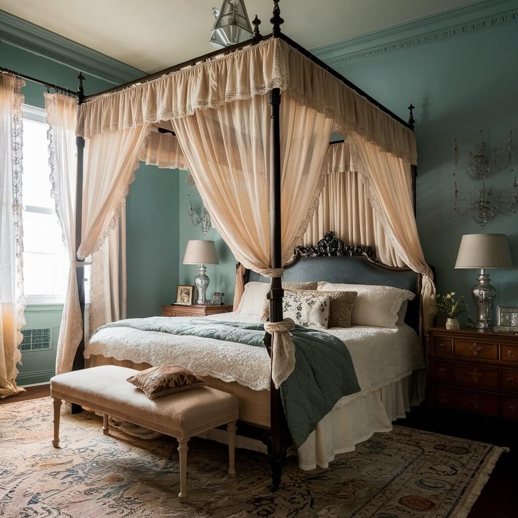 Elegant vintage bedroom decor featuring a classic canopy bed with intricate wooden frame, draped with soft, flowing curtains. The canopy bed serves as the focal point in this cozy, timeless space, surrounded by vintage-inspired furniture and decor accents. Perfect for adding a touch of charm and sophistication to any bedroom, this design embodies the best of vintage bedroom decor ideas with its blend of elegance and comfort.