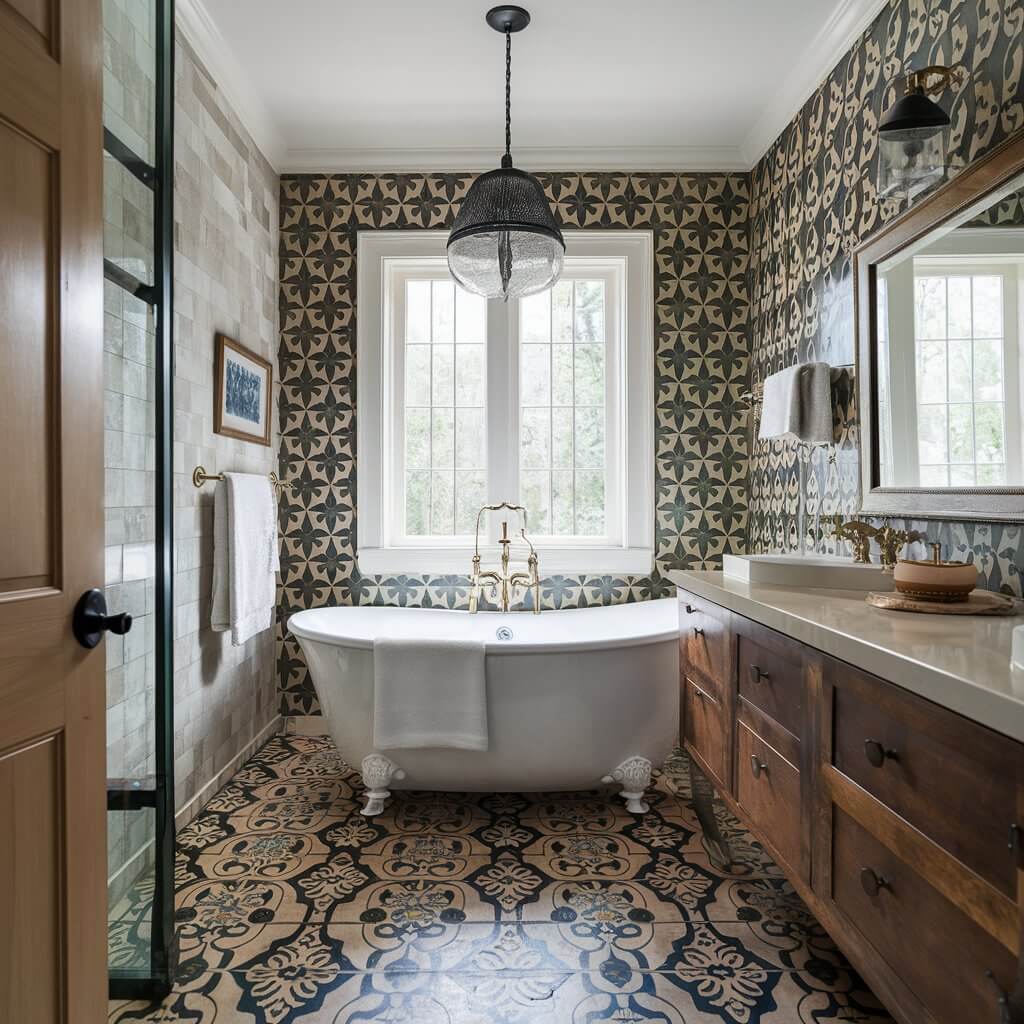 13 Unique Luxury Bathroom Tile Designs to Consider 9 Elegant luxury bathroom featuring intricate cement tiles in a modern design. The patterned cement tiles add a stylish and sophisticated touch to the space, enhancing the overall luxurious ambiance of the bathroom. Ideal for high-end bathroom tile designs, the cement tiles create a perfect balance of durability and aesthetic appeal.