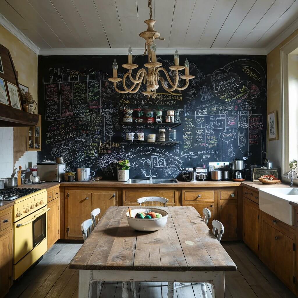 14 Vintage Kitchen Ideas That Will Inspire Your Next Remodel 14 Cozy vintage kitchen featuring charming chalkboard walls, perfect for adding a rustic touch and personalized notes. This vintage kitchen idea combines timeless elements like wooden cabinets, retro decor, and the practical functionality of chalkboard walls, ideal for meal planning or creative family messages. The blend of vintage charm and modern convenience makes this kitchen design a unique and inviting space