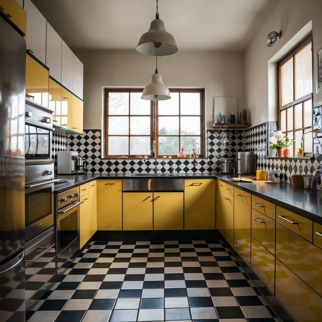 14 Vintage Kitchen Ideas That Will Inspire Your Next Remodel 2 Charming vintage kitchen design featuring classic checkerboard flooring, blending retro black and white tiles that enhance the nostalgic ambiance. The kitchen showcases vintage cabinetry, rustic wooden accents, and retro appliances, creating a timeless appeal perfect for a warm, inviting home. Ideal for those seeking vintage kitchen ideas, this space combines functionality with classic style.