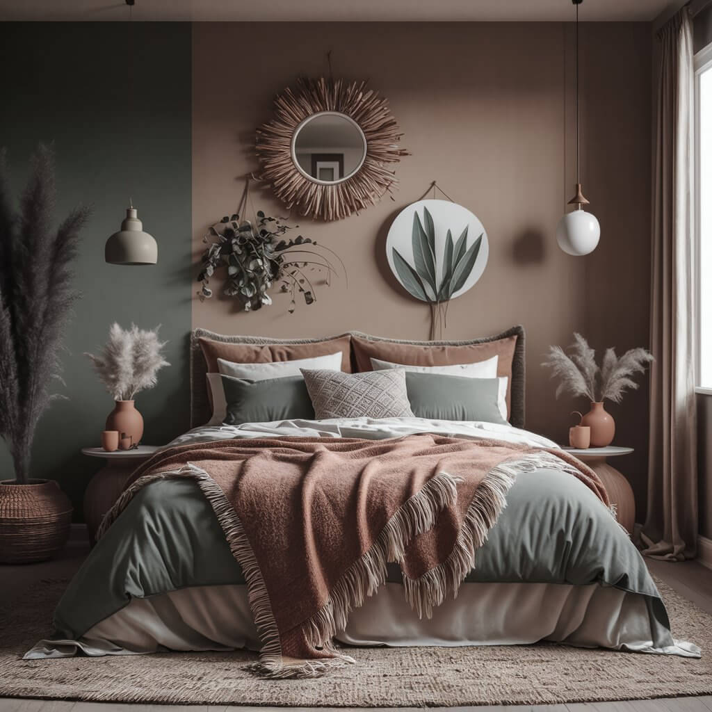 Earthy bedroom ideas with a serene, nature-inspired aesthetic featuring an earthy color palette. The design incorporates muted greens, warm browns, and soft beiges to create a calming, organic feel. Natural textures, like wooden furniture, linen bedding, and clay decor, add depth and warmth, making this space feel cozy and connected to nature. Perfect inspiration for those seeking a tranquil, earthy bedroom retreat with a modern organic touch.
