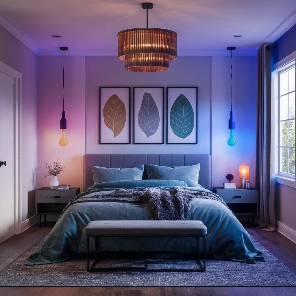 12 Creative Bedroom Décor Light Ideas for Every Style 11 Vibrant bedroom decor featuring colorful accent lighting that enhances the cozy atmosphere. This image showcases a stylish bedroom with a mix of decorative light fixtures, including bedside lamps and wall sconces, casting a warm glow in hues of blue, pink, and yellow. Ideal for inspiration on how to use colorful lighting to create a welcoming and stylish bedroom ambiance.