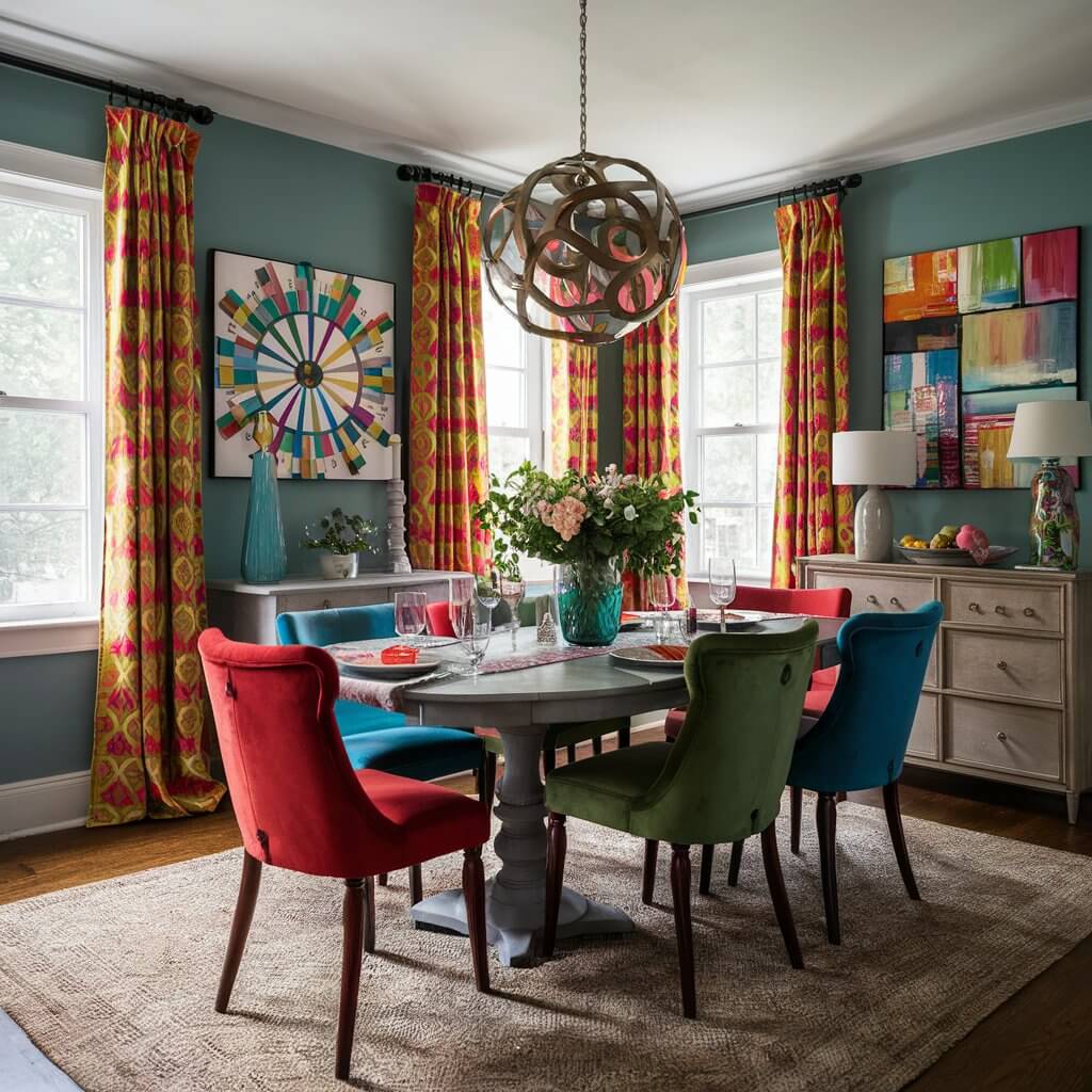 13 Stunning Dining Room Layout Ideas You Need to Try 12 Vibrant dining room layout ideas featuring colorful accents, including a bold table setting with mixed-pattern plates, bright upholstered chairs, and an eye-catching centerpiece. The decor blends modern design elements with playful hues, creating an inviting and lively atmosphere perfect for family gatherings and entertaining guests.