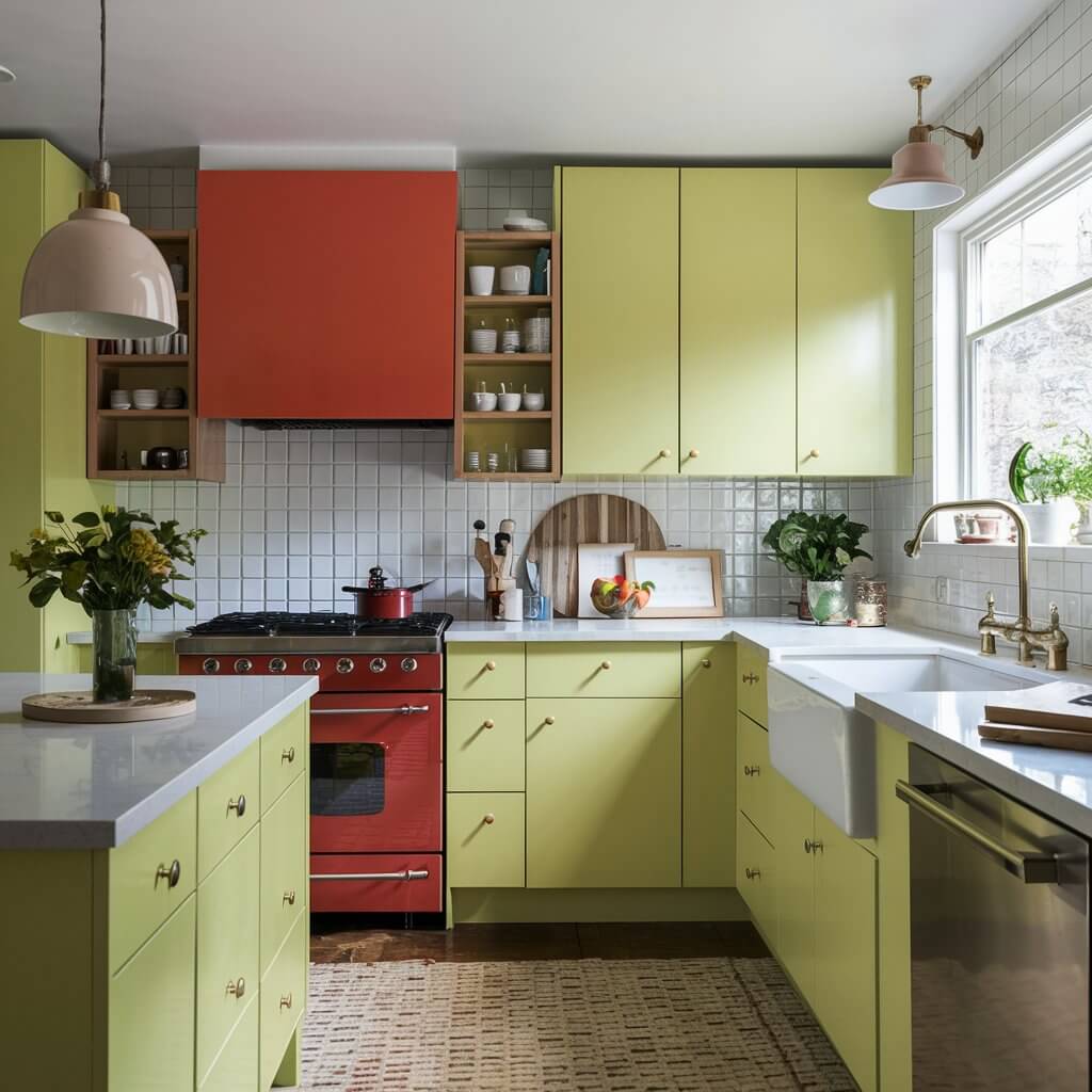 14 Vintage Kitchen Ideas That Will Inspire Your Next Remodel 1 Charming vintage kitchen featuring vibrant colorful cabinets in shades of blue, yellow, and green. The retro design showcases a mix of open shelving and classic cabinetry, adorned with vintage hardware and decor. This inviting space highlights the perfect blend of functionality and nostalgia, making it an ideal inspiration for those looking to incorporate colorful elements into their kitchen decor.