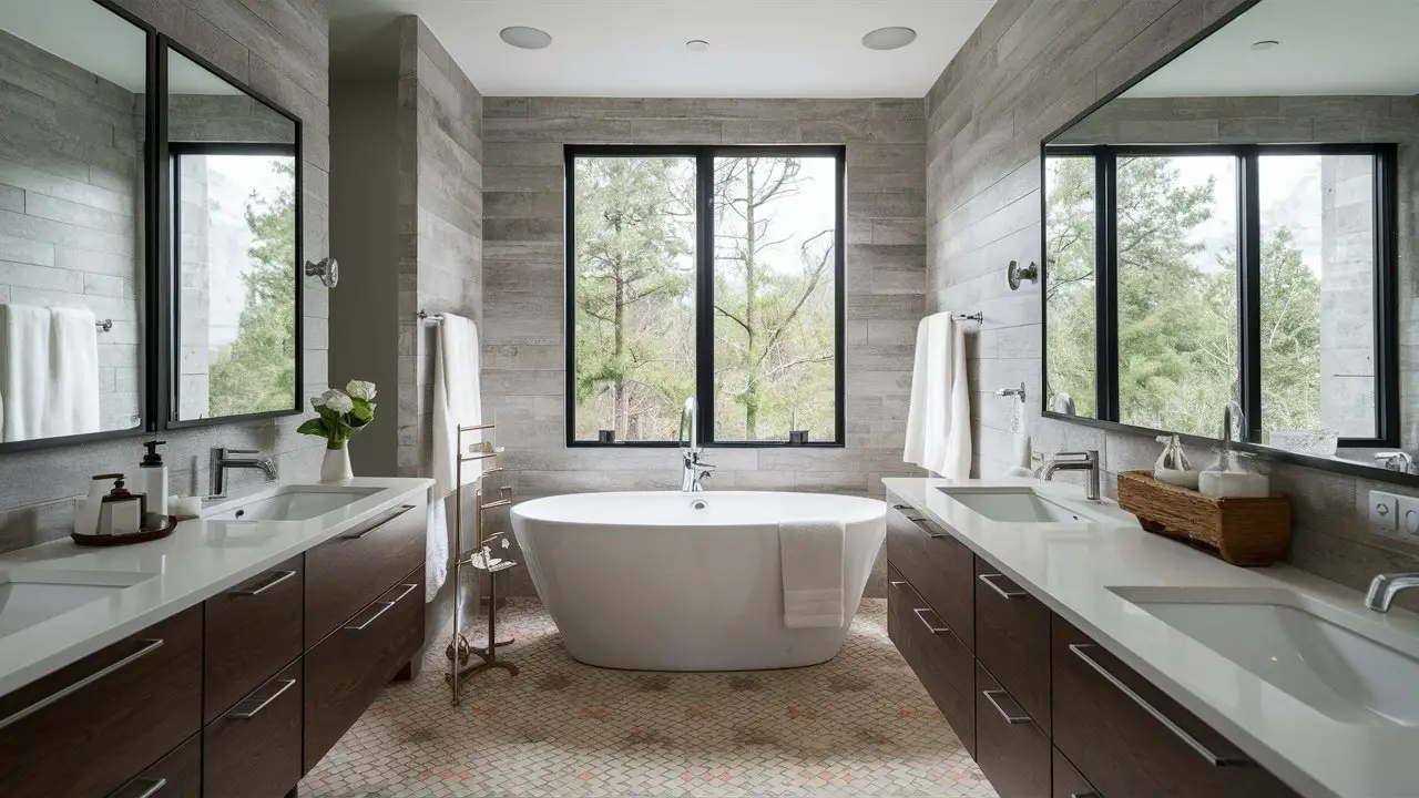 Contemporary bathroom ideas featuring sleek, minimalist designs with modern fixtures, elegant lighting, and stylish color palettes. The image showcases a spacious bathroom with a freestanding tub, walk-in shower, and contemporary vanities, highlighting innovative storage solutions and luxurious finishes for a sophisticated and functional space.