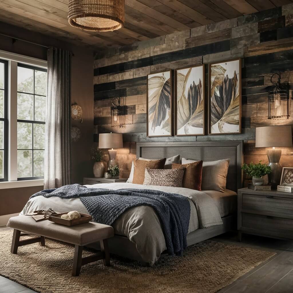 Explore stunning earthy bedroom ideas featuring a beautifully designed accent wall in warm, natural tones. This serene space showcases textured materials like reclaimed wood and soft, organic fabrics, creating a cozy and inviting atmosphere. Perfect for those seeking to enhance their bedroom decor with nature-inspired elements, this accent wall serves as a focal point that complements the earthy color palette, bringing warmth and tranquility to the room.