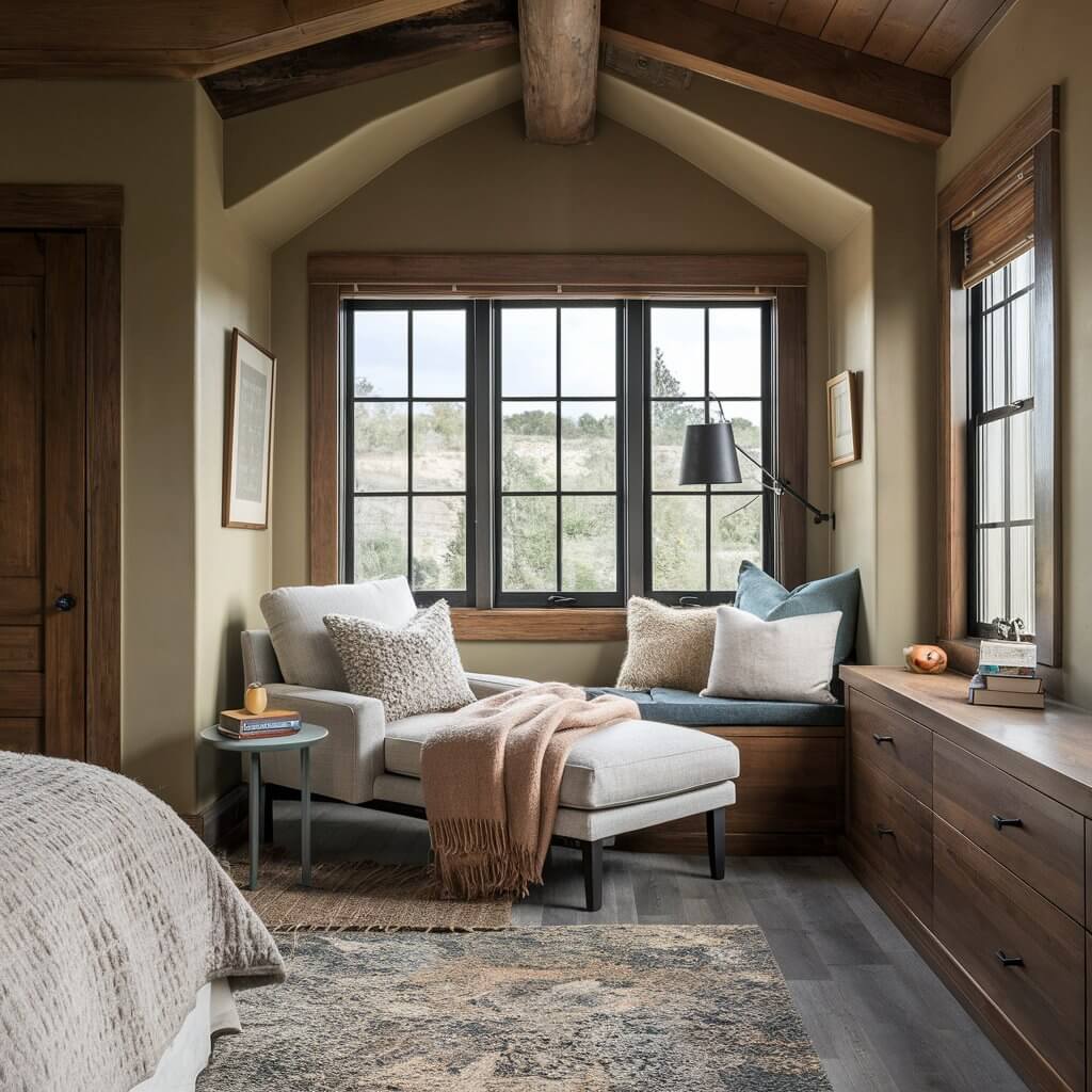 Earthy bedroom ideas for a cozy reading nook, featuring warm natural tones, layered textures, and organic materials. This serene space includes earthy decor accents, soft neutral bedding, and a comfortable armchair nestled in a calming corner, ideal for relaxation. Perfect for those seeking nature-inspired, tranquil bedroom decor that brings warmth and an inviting atmosphere to the room.
