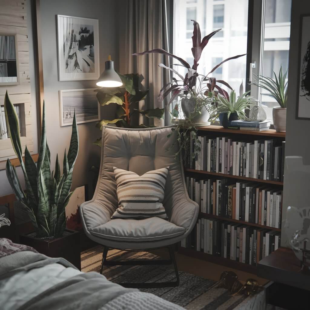 12 Stunning Urban Bedroom Ideas You Need to Try 5 Urban bedroom ideas featuring a cozy reading nook with a stylish armchair, plush throw blanket, and a small bookshelf filled with books, surrounded by indoor plants. The nook is designed with modern decor elements, including warm lighting and decorative pillows, creating an inviting atmosphere for relaxation and reading in an urban setting