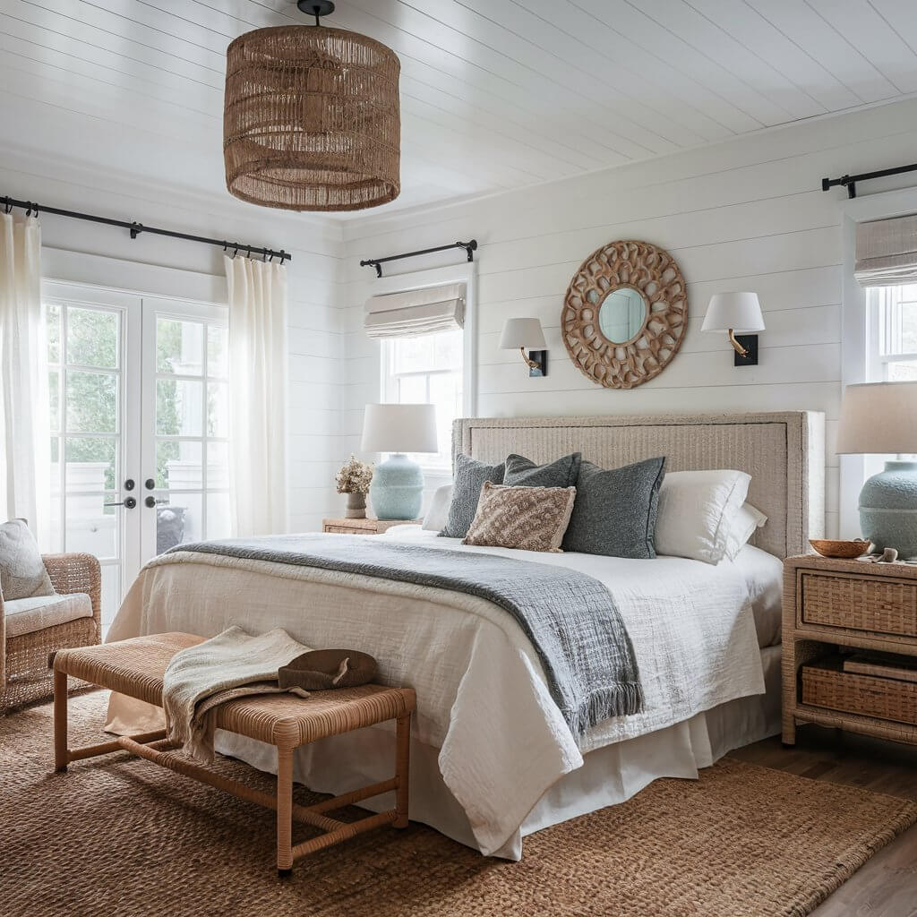 13 Must-Try Coastal Colors for Your Dream Bedroom Makeover 4 Coastal bedroom colors featuring a crisp white palette, showcasing a serene and airy atmosphere. The image highlights soft textures and natural elements, creating a tranquil seaside retreat. Ideal for inspiring beach-themed interior design ideas, this bright white backdrop enhances the coastal aesthetic, inviting fresh light and a sense of calm