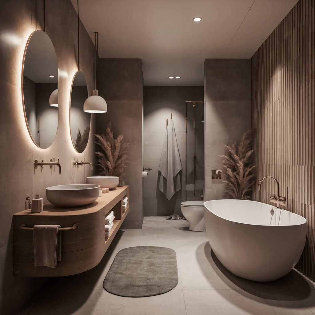 12 Stunning Organic Modern Bathroom Inspirations to Try 4 Elegant organic modern bathroom featuring sleek curved fixtures, adding a soft, contemporary touch to the minimalist space. The smooth, organic lines of the fixtures complement natural materials, creating a serene, spa-like atmosphere. Ideal for those seeking a stylish yet calming bathroom design, this organic modern bathroom showcases the perfect blend of form and function with its curved accents.