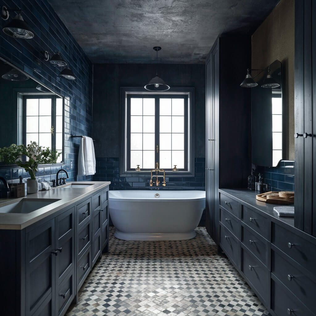 12 Industrial Style Bathroom Ideas That Will Change Your Space Forever 6 Industrial bathroom with dark color palette featuring sleek black tiles, matte fixtures, and exposed metal pipes. The moody tones create a modern, edgy vibe, while industrial lighting adds a raw, minimalist touch. Perfect for those seeking a bold, stylish industrial bathroom design with dark accents and a contemporary aesthetic.