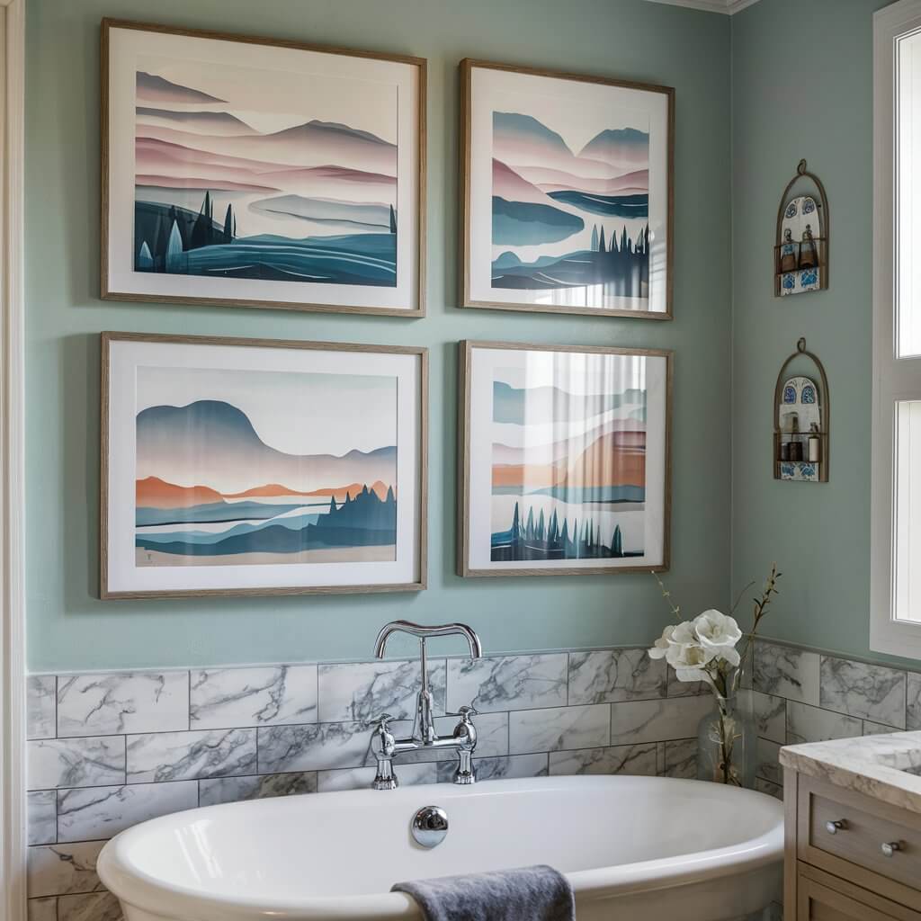 10 Must-Have Spa Bathroom Accessories for a Relaxing Retreat 10 Spa bathroom accessories featuring elegant decorative wall art, showcasing serene landscapes and calming colors that enhance relaxation. This inspiring decor adds a touch of luxury and tranquility to any spa-inspired bathroom design, perfectly complementing essential items like plush towels, scented candles, and chic storage solutions. Elevate your self-care space with stylish wall art that transforms your bathroom into a personal oasis.