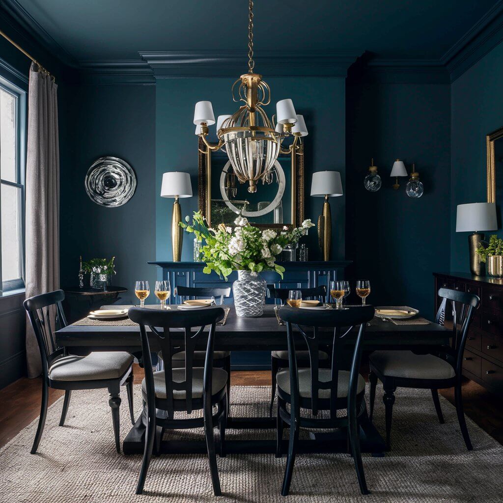 13 Stunning Dining Room Layout Ideas You Need to Try 6 Dramatic dining room layout with dark color palette, featuring a bold black accent wall, deep charcoal dining chairs, and a rich wood table. This modern dining room idea combines moody elegance with cozy lighting, creating an inviting, intimate atmosphere. Perfect for small or large spaces, this design inspiration showcases how dark colors can transform dining room layouts into sophisticated, stylish settings.