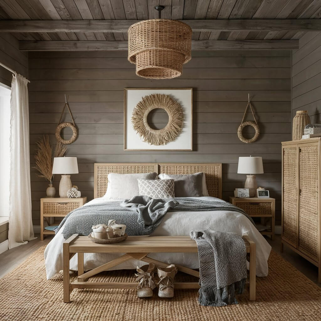 13 Must-Try Coastal Colors for Your Dream Bedroom Makeover 9 Coastal bedroom colors featuring Driftwood Brown, a warm, earthy hue that evokes the serene beauty of seaside landscapes. This image showcases Driftwood Brown used in bedding, wall paint, and accent furniture, creating a tranquil and inviting coastal-inspired bedroom atmosphere.
