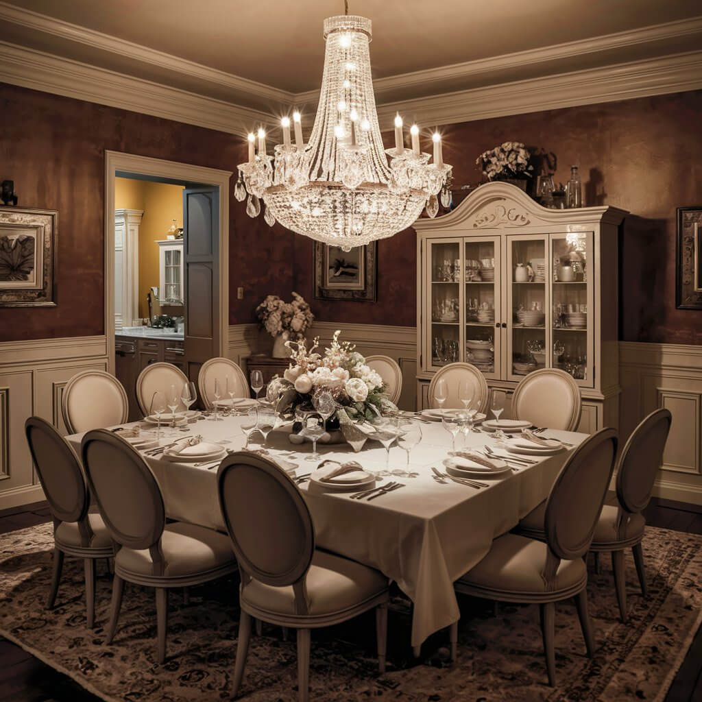 13 Stunning Dining Room Layout Ideas You Need to Try 3 Elegant formal dining room with a classic layout, featuring a large dining table, upholstered chairs, and a crystal chandelier, creating a refined ambiance. Ideal for those seeking dining room layout ideas, this sophisticated setup showcases a balanced arrangement, perfect for formal dining experiences in a luxurious setting.