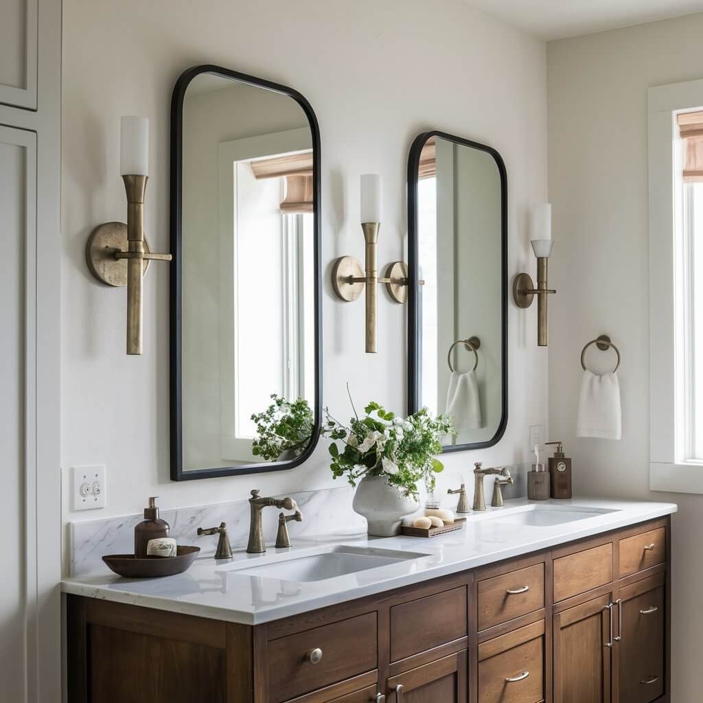 12 Stunning Luxury Bathroom Lighting Ideas to Elevate Your Space 3 Elegant wall sconces illuminate this luxury bathroom, creating a sophisticated and ambient atmosphere. The sleek lighting fixtures add a touch of glamour to the modern bathroom design, enhancing the space with soft, warm light. Ideal for upscale bathroom decor, these sconces provide both functionality and style, making them a perfect choice for luxury bathroom lighting ideas.