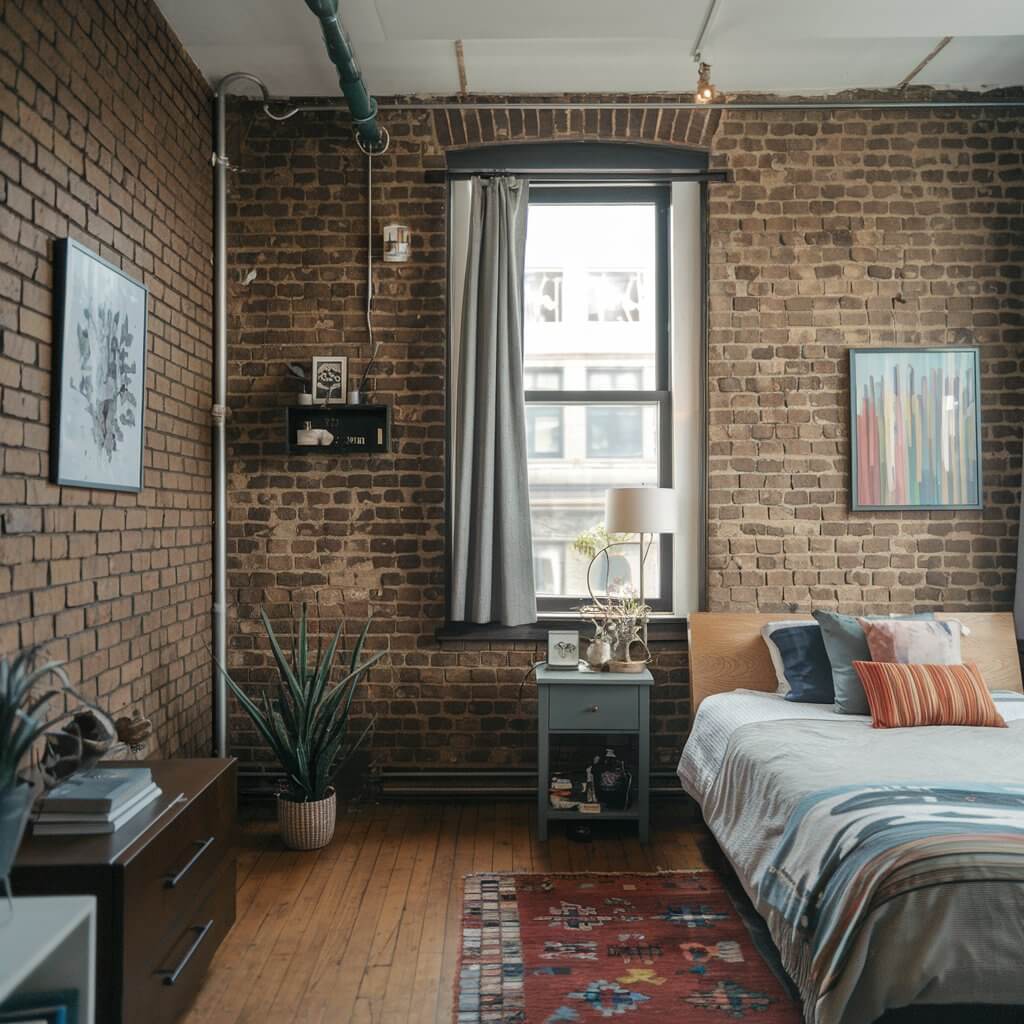 12 Stunning Urban Bedroom Ideas You Need to Try 1 Urban bedroom featuring exposed brick walls, adding a stylish, industrial vibe to the space. The room showcases modern decor elements with minimalist furniture, creating a cozy yet edgy atmosphere. Perfect for those looking to embrace urban bedroom ideas, the exposed brick serves as a bold accent wall, enhancing the loft-like aesthetic of the room