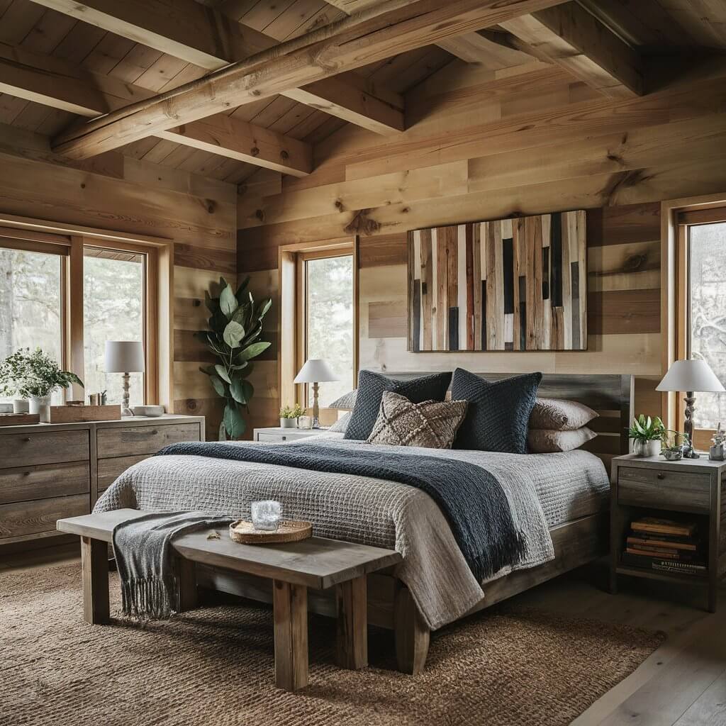 Earthy bedroom featuring natural wood furniture, including a rustic oak bed frame and bedside tables, blending seamlessly with beige and green accents for a serene, nature-inspired retreat. Soft, organic cotton linens and layered neutral textures create warmth and depth, emphasizing the calming, grounded feel of the space. Perfect for those seeking sustainable, cozy, and earthy bedroom ideas that bring the outdoors in.
