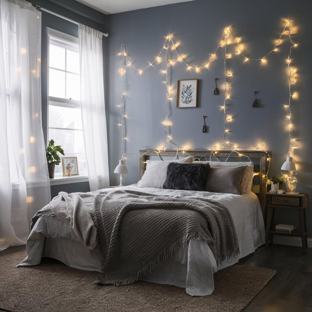 12 Creative Bedroom Décor Light Ideas for Every Style 6 Cozy bedroom decor featuring elegant fairy lights delicately draped across the wall, creating a soft, ambient glow. Perfect for enhancing a warm and inviting atmosphere in small spaces. These twinkling lights add a dreamy touch to modern bedroom lighting ideas, blending seamlessly with boho and rustic decor styles