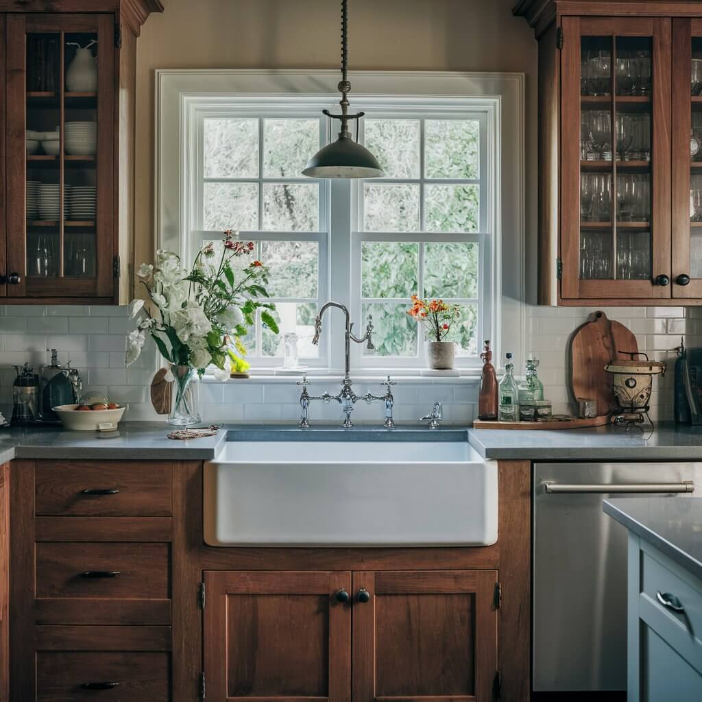 14 Vintage Kitchen Ideas That Will Inspire Your Next Remodel 6 Charming vintage kitchen idea featuring a classic farmhouse sink with white porcelain finish, set against rustic wood countertops and open shelving. The farmhouse sink adds timeless appeal, enhancing the retro vibe with its deep basin, perfect for both functionality and style. This vintage-inspired kitchen design blends traditional elements like antique cabinetry and country-style decor, creating a warm and inviting farmhouse aesthetic.