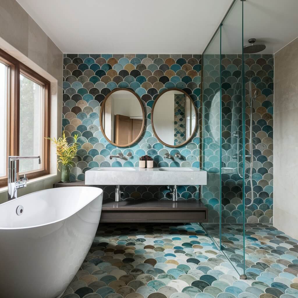 13 Unique Luxury Bathroom Tile Designs to Consider 8 Elegant luxury bathroom featuring stunning fishscale tiles, creating a unique and sophisticated design. The glossy fishscale tile pattern adds a touch of opulence to the space, blending modern elegance with timeless beauty. Perfect for upscale bathroom tile designs, this luxurious tile choice enhances the room's aesthetics with its shimmering texture and intricate details.