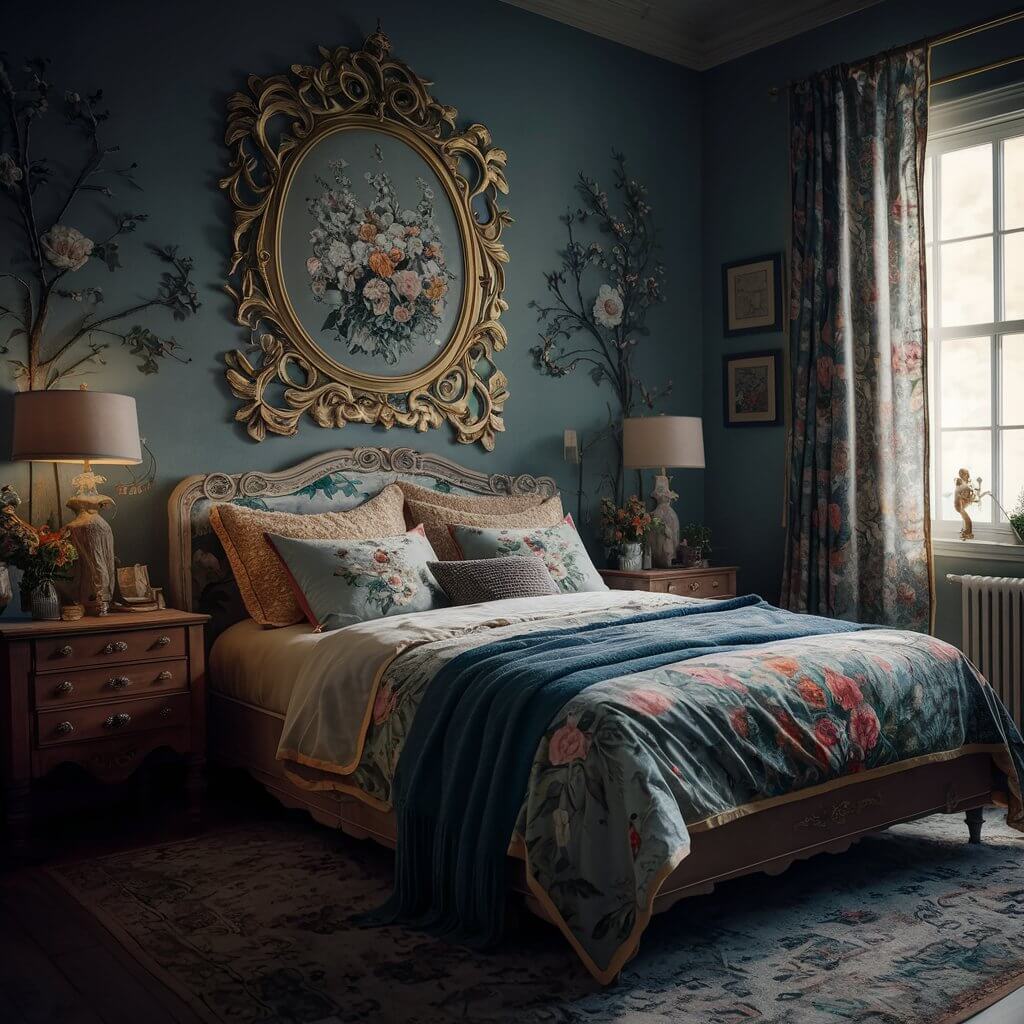 Cozy vintage bedroom decor featuring elegant floral patterns on bedding and wallpaper, creating a timeless and romantic ambiance. The soft pastel tones and antique wooden furniture enhance the nostalgic charm, offering inspiration for a classic vintage bedroom design. Perfect for those seeking vintage bedroom decor ideas with a focus on floral patterns and vintage-inspired details.