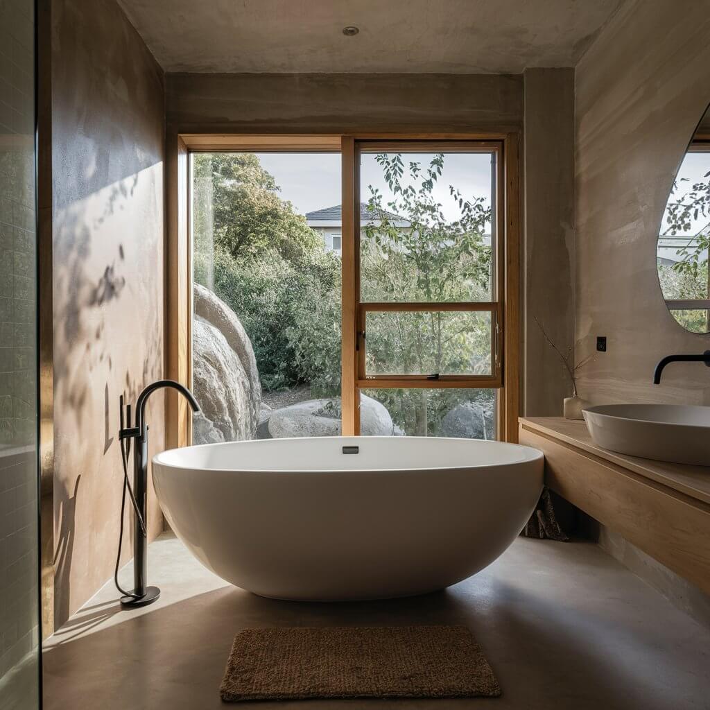 12 Stunning Organic Modern Bathroom Inspirations to Try 10 A stunning organic modern bathroom featuring a stylish freestanding bathtub made from natural materials. The minimalist design highlights soothing earth tones, complementing the wooden accents and greenery. This serene space showcases a perfect blend of functionality and aesthetics, ideal for creating a tranquil spa-like atmosphere at home. The freestanding bathtub serves as a focal point, offering a luxurious and inviting experience for relaxation and rejuvenation. Perfect for those seeking modern elegance and eco-friendly design.