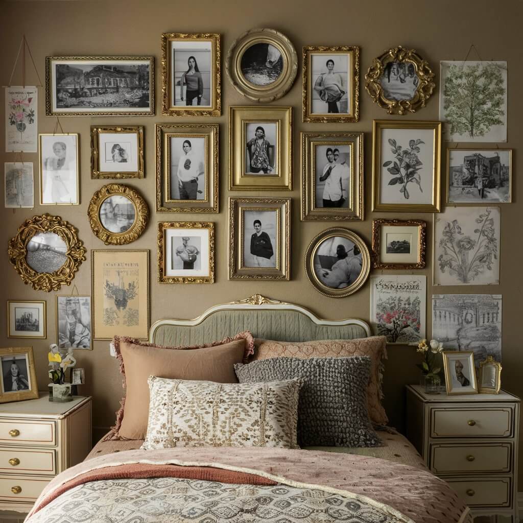 Vintage bedroom decor with an eclectic gallery wall featuring antique frames, black-and-white photos, and vintage artwork. This charming gallery wall adds a nostalgic touch to the space, complementing the vintage-inspired furniture and soft, muted color palette. Perfect for anyone seeking timeless, classic bedroom decor ideas with a unique personal touch.