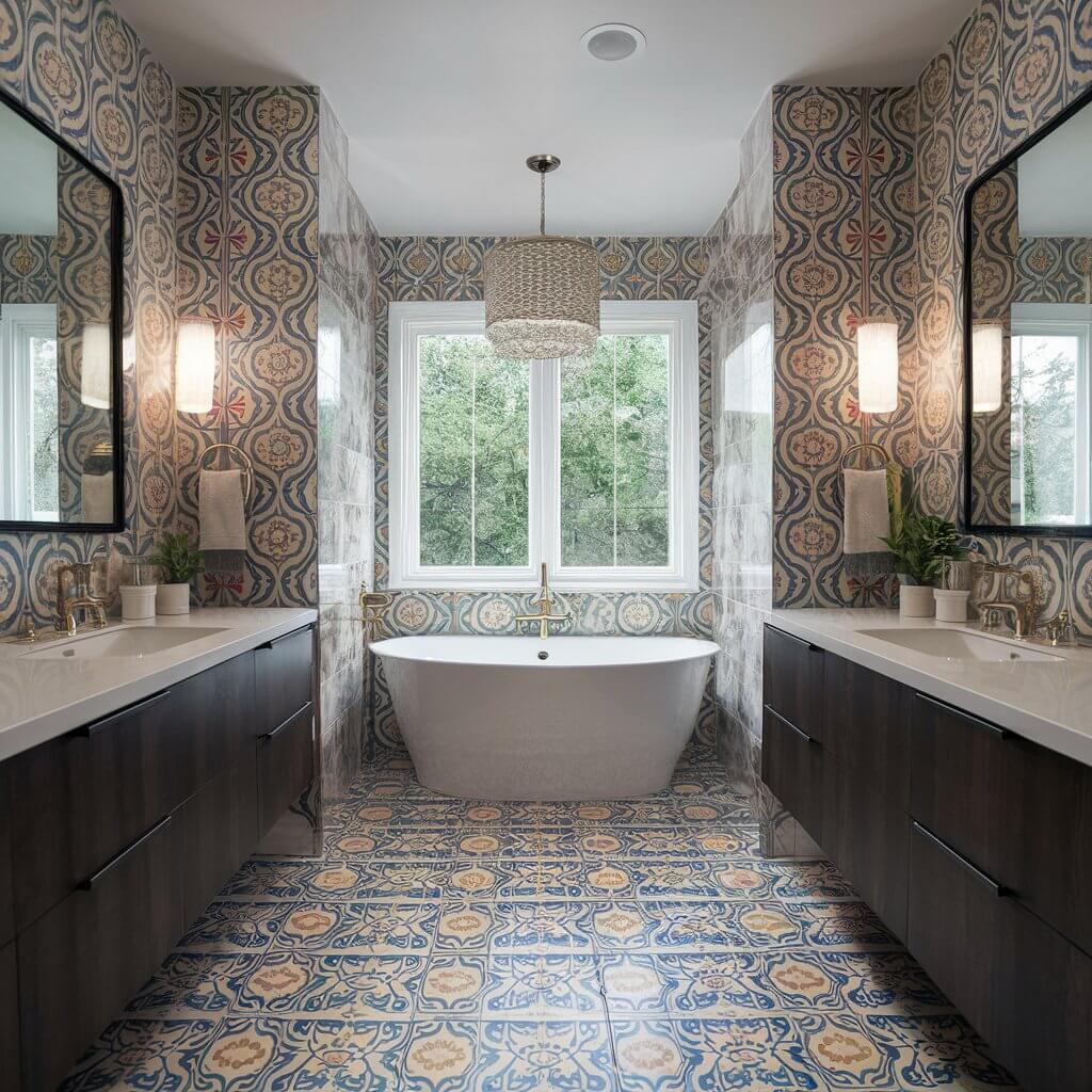13 Unique Luxury Bathroom Tile Designs to Consider 7 Luxury bathroom featuring bold graphic floor tiles that elevate the space with a modern, stylish design. These patterned tiles create a striking contrast, adding visual interest and sophistication to the bathroom’s overall decor. Perfect for anyone seeking contemporary luxury bathroom tile designs with a statement-making touch