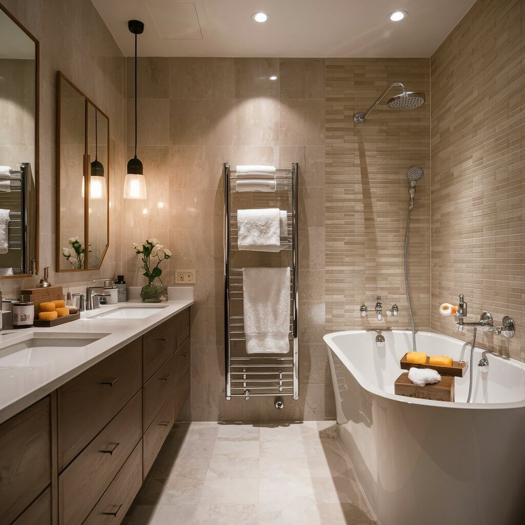 10 Must-Have Spa Bathroom Accessories for a Relaxing Retreat 7 Luxurious heated towel rack in a serene spa bathroom, featuring elegant towels ready for use. This stylish accessory enhances comfort and relaxation, creating a spa-like atmosphere at home. Perfect for adding a touch of sophistication and warmth to your bathroom décor, the heated towel rack not only provides convenience but also elevates your self-care routine. Ideal for creating a soothing sanctuary, this essential spa bathroom accessory combines functionality with modern design.