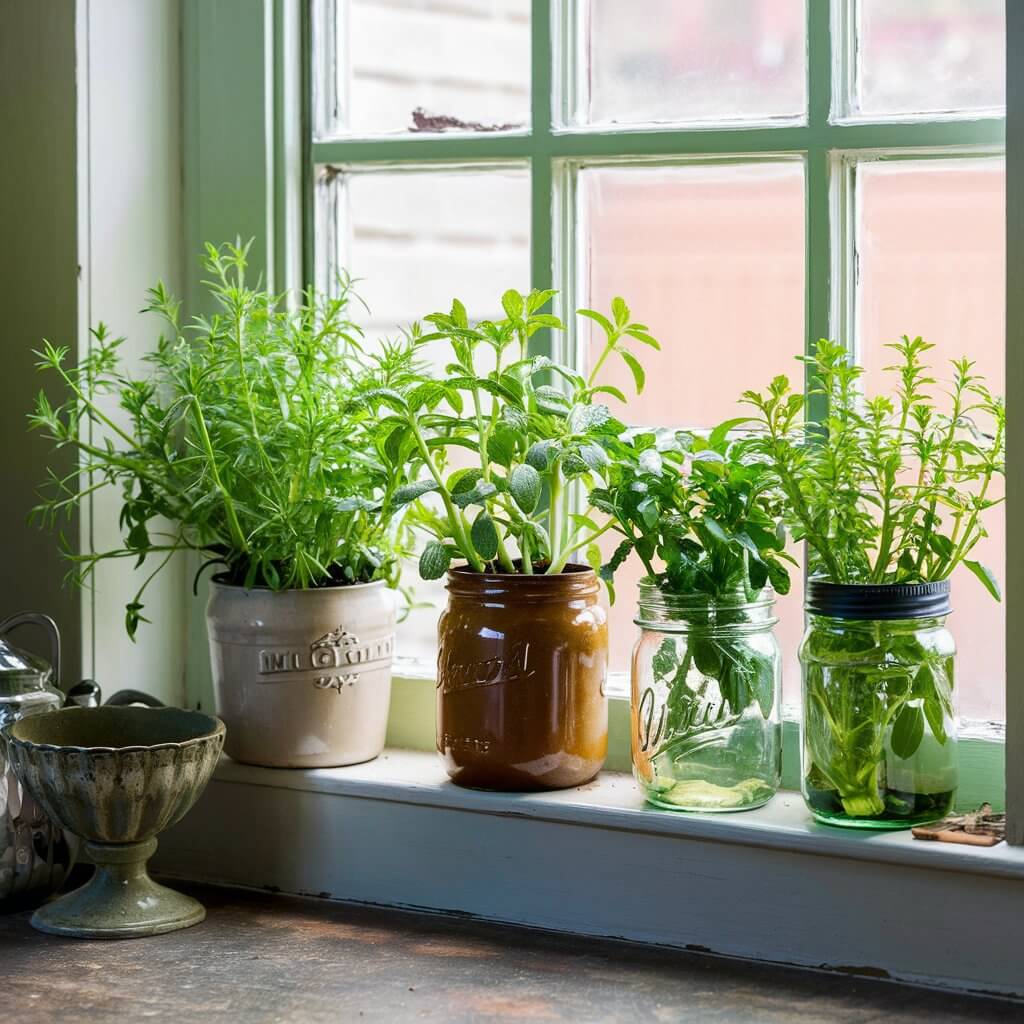 14 Vintage Kitchen Ideas That Will Inspire Your Next Remodel 13 Charming vintage kitchen with a rustic herb garden displayed on open wooden shelves. The lush greenery from fresh herbs like basil, rosemary, and thyme adds a natural, organic touch to the retro kitchen decor. Antique jars and vintage planters blend seamlessly with the classic farmhouse vibe, creating a cozy and functional kitchen space. Perfect for homeowners seeking vintage kitchen ideas that incorporate sustainable, homegrown herb gardens for both style and practicality