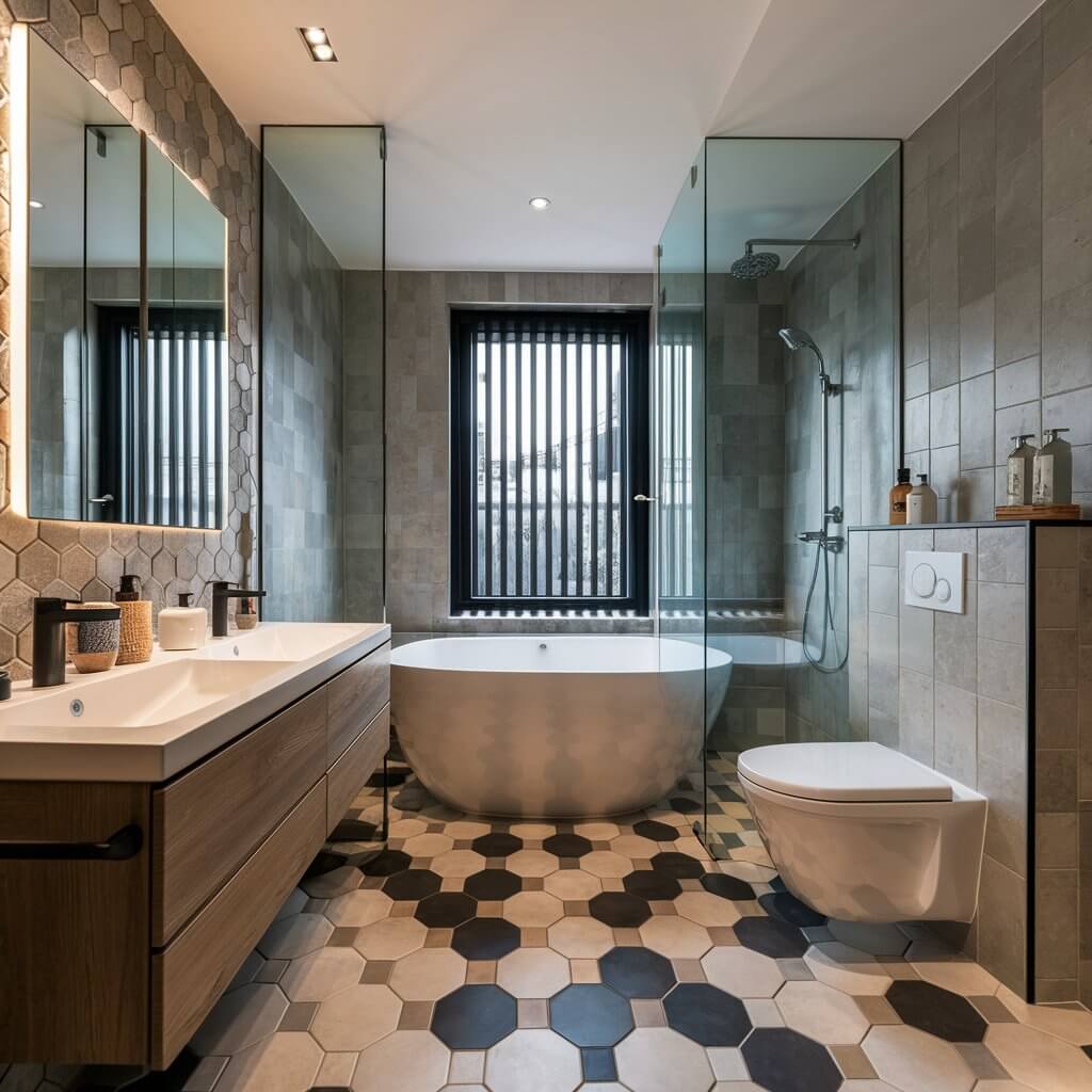13 Unique Luxury Bathroom Tile Designs to Consider 3 Luxurious bathroom featuring elegant hexagon tiles in a modern design, adding texture and sophistication to the space. The hexagon tiles create a striking visual pattern, elevating the overall aesthetic of the luxury bathroom with a timeless, upscale appeal.