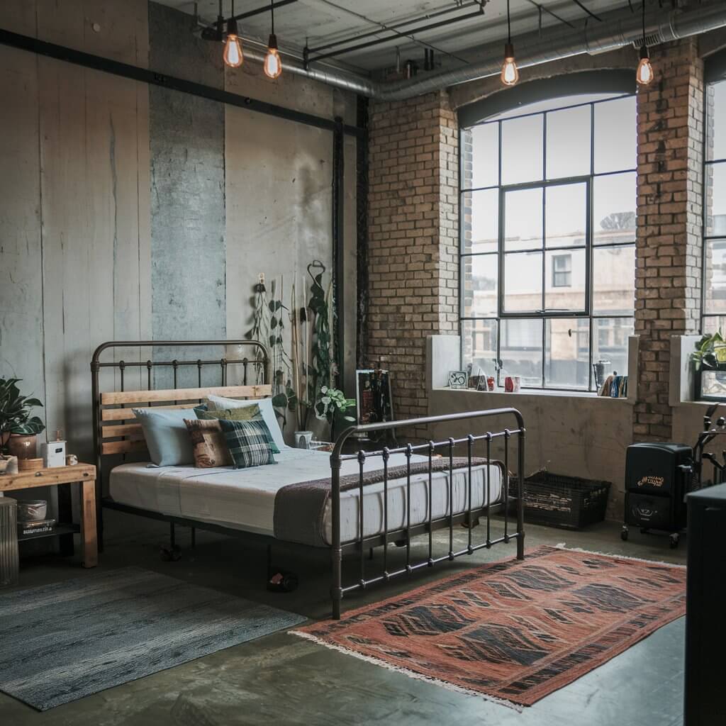 12 Stunning Urban Bedroom Ideas You Need to Try 2 Urban bedroom featuring industrial elements like exposed brick walls, metal light fixtures, and raw wood accents. This modern urban design blends sleek furniture with concrete floors and steel shelving, creating a stylish and functional space perfect for city living. The industrial decor adds a rugged yet chic vibe to this contemporary bedroom, ideal for those seeking an edgy, urban aesthetic.
