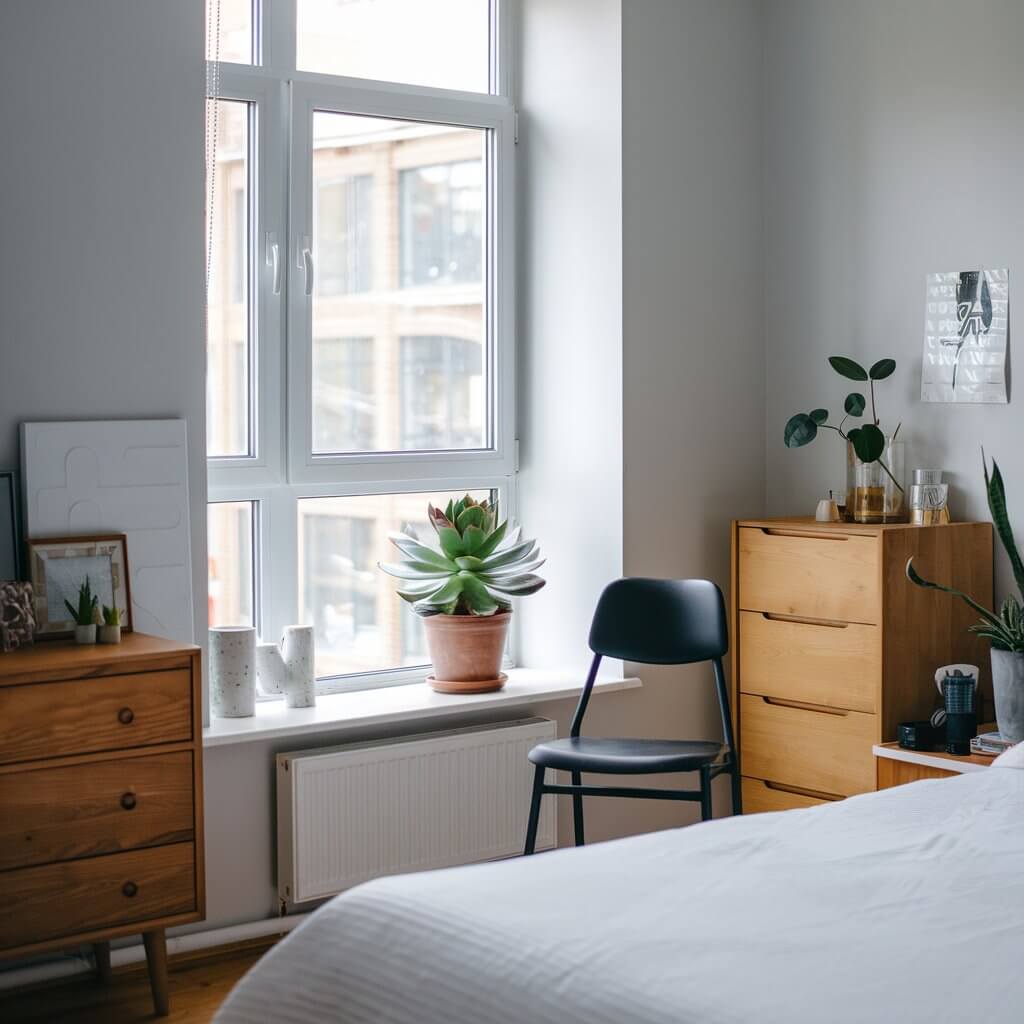 12 Stunning Urban Bedroom Ideas You Need to Try 7 Stylish urban bedroom featuring natural elements like a wooden bed frame, potted plants, and earthy textiles. The decor combines modern industrial design with greenery, showcasing a harmonious balance of city living and nature. Ideal for those seeking urban bedroom ideas that promote tranquility and organic aesthetics.