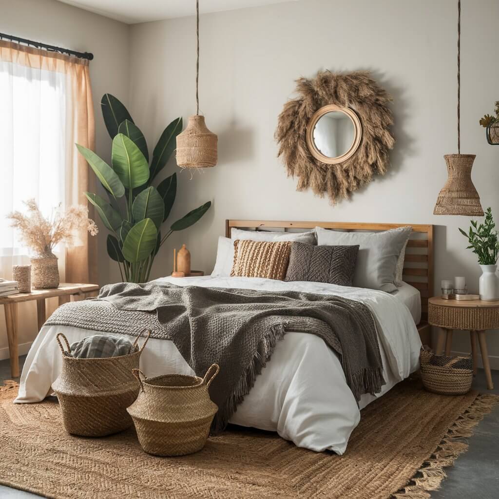 Earthy bedroom featuring woven elements, including a natural wicker headboard, rattan nightstands, and a jute area rug. This cozy space emphasizes organic textures, warm neutral tones, and sustainable materials, creating a tranquil and inviting atmosphere. Perfect for those seeking eco-friendly bedroom decor ideas with a rustic and grounded feel.
