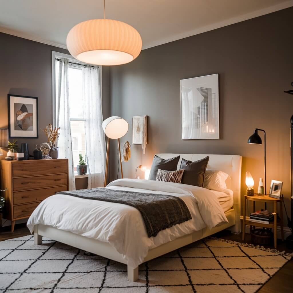 12 Stunning Urban Bedroom Ideas You Need to Try 10 Stylish urban bedroom featuring statement lighting fixtures that enhance modern decor, creating a vibrant atmosphere. The design showcases unique pendant lights and chic floor lamps, highlighting the fusion of contemporary style with urban living. Perfect for those seeking inspiration to elevate their bedroom with eye-catching lighting elements.