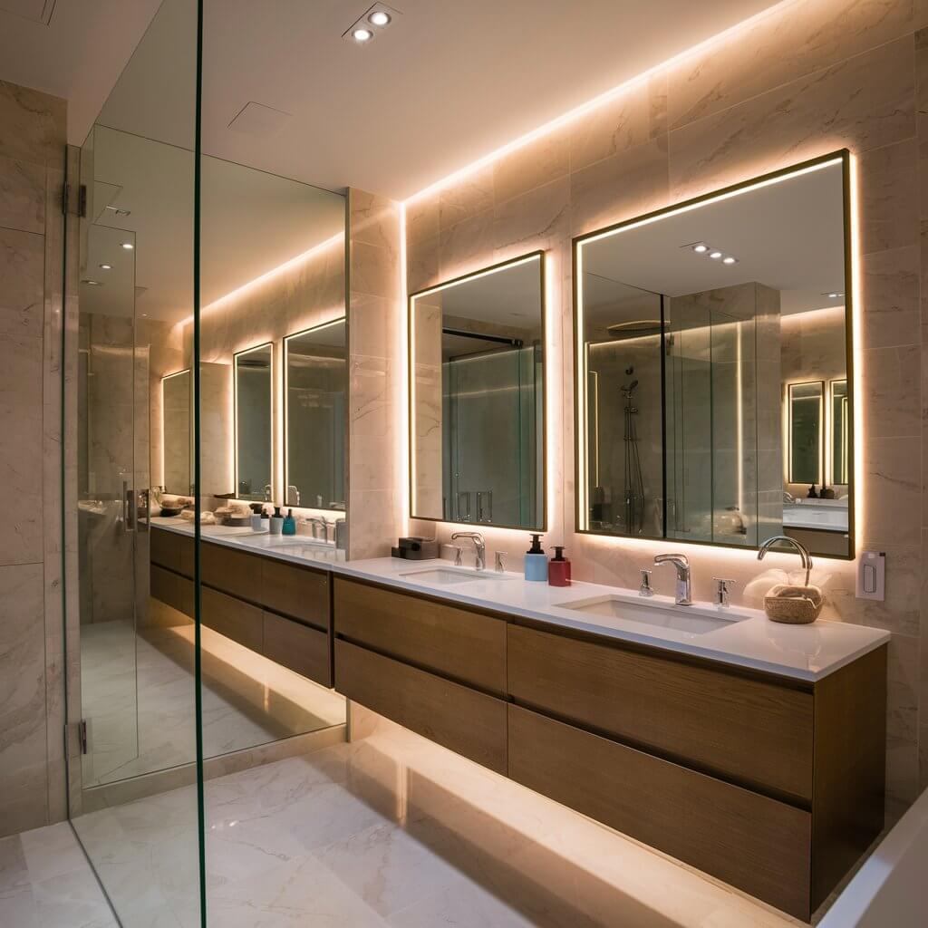 12 Stunning Luxury Bathroom Lighting Ideas to Elevate Your Space 6 Elegant luxury bathroom featuring sleek LED strip lighting under floating vanities, creating a soft, ambient glow. The modern lighting design enhances the sophisticated marble accents and frameless mirrors, offering a perfect blend of style and functionality for a high-end spa-like atmosphere.