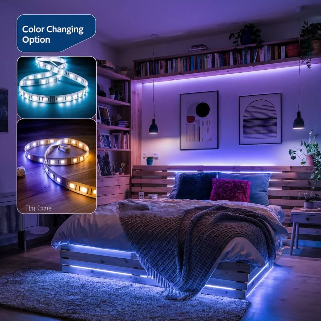 12 Creative Bedroom Décor Light Ideas for Every Style 3 Modern bedroom decor featuring soft LED strip lights under the bed frame, creating a cozy and ambient atmosphere. The warm lighting adds a stylish and functional touch, perfect for enhancing the bedroom's relaxing vibe. Ideal for those looking for innovative bedroom lighting ideas with energy-efficient LED strip lights.