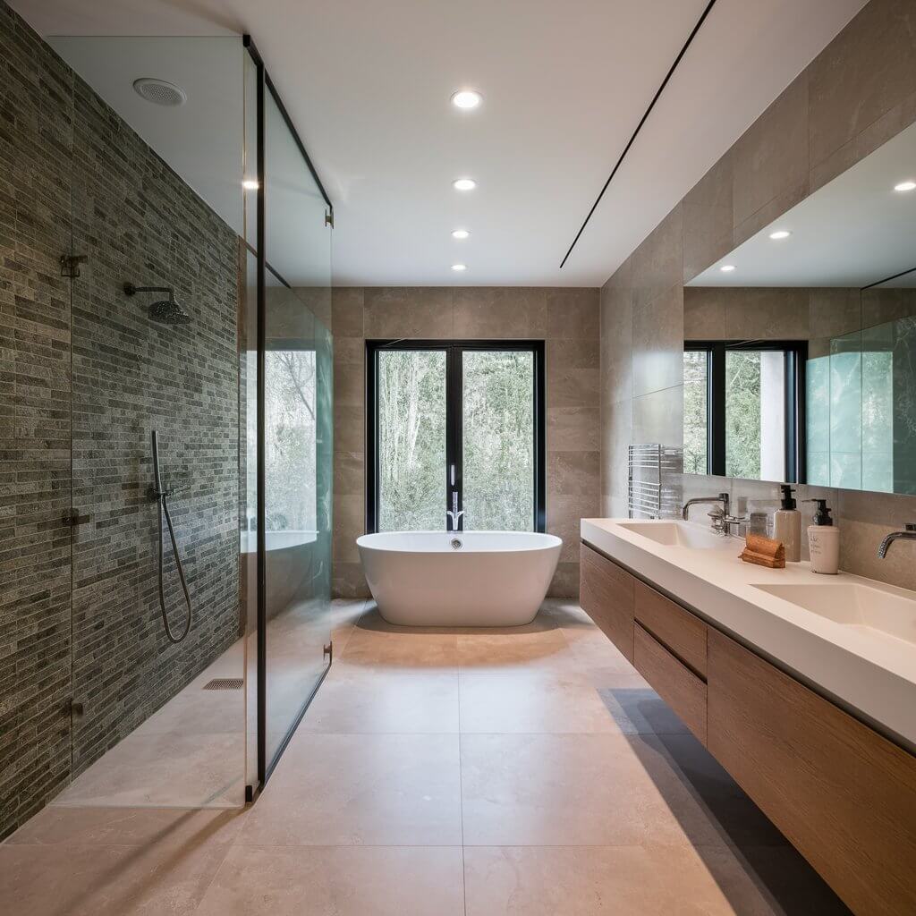 13 Unique Luxury Bathroom Tile Designs to Consider 10 Elegant luxury bathroom featuring large format tiles with a sleek, modern design. The expansive tiles create a seamless and sophisticated look, perfect for high-end bathroom tile designs. Ideal for a contemporary aesthetic, these oversized tiles offer a clean and minimalist vibe, enhancing the sense of space while adding a touch of opulence.
