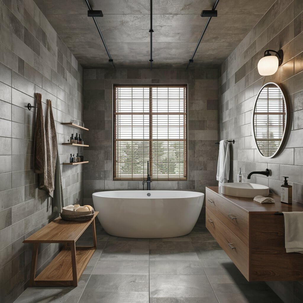 12 Industrial Style Bathroom Ideas That Will Change Your Space Forever 11 Modern industrial bathroom featuring large-scale tiles in neutral tones, creating a sleek and minimalist aesthetic. The oversized tiles add texture and depth to the space, complementing the exposed pipes and raw concrete elements for a chic industrial look. Perfect inspiration for industrial bathroom ideas with a contemporary twist.