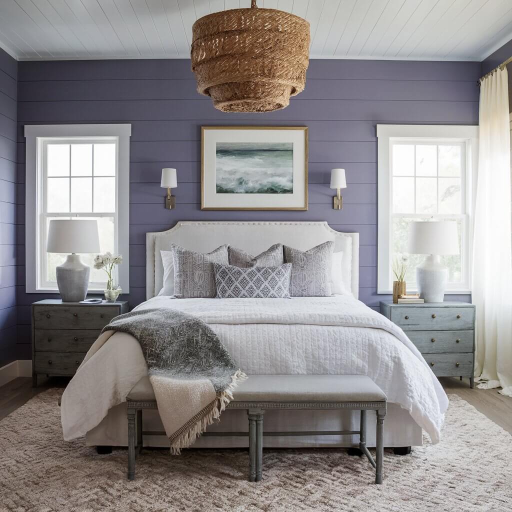 13 Must-Try Coastal Colors for Your Dream Bedroom Makeover 13 Coastal bedroom inspired by Lavender Mist color palette, showcasing soft lavender walls, white bedding, and light wood furniture, creating a serene and calming atmosphere perfect for a coastal retreat.