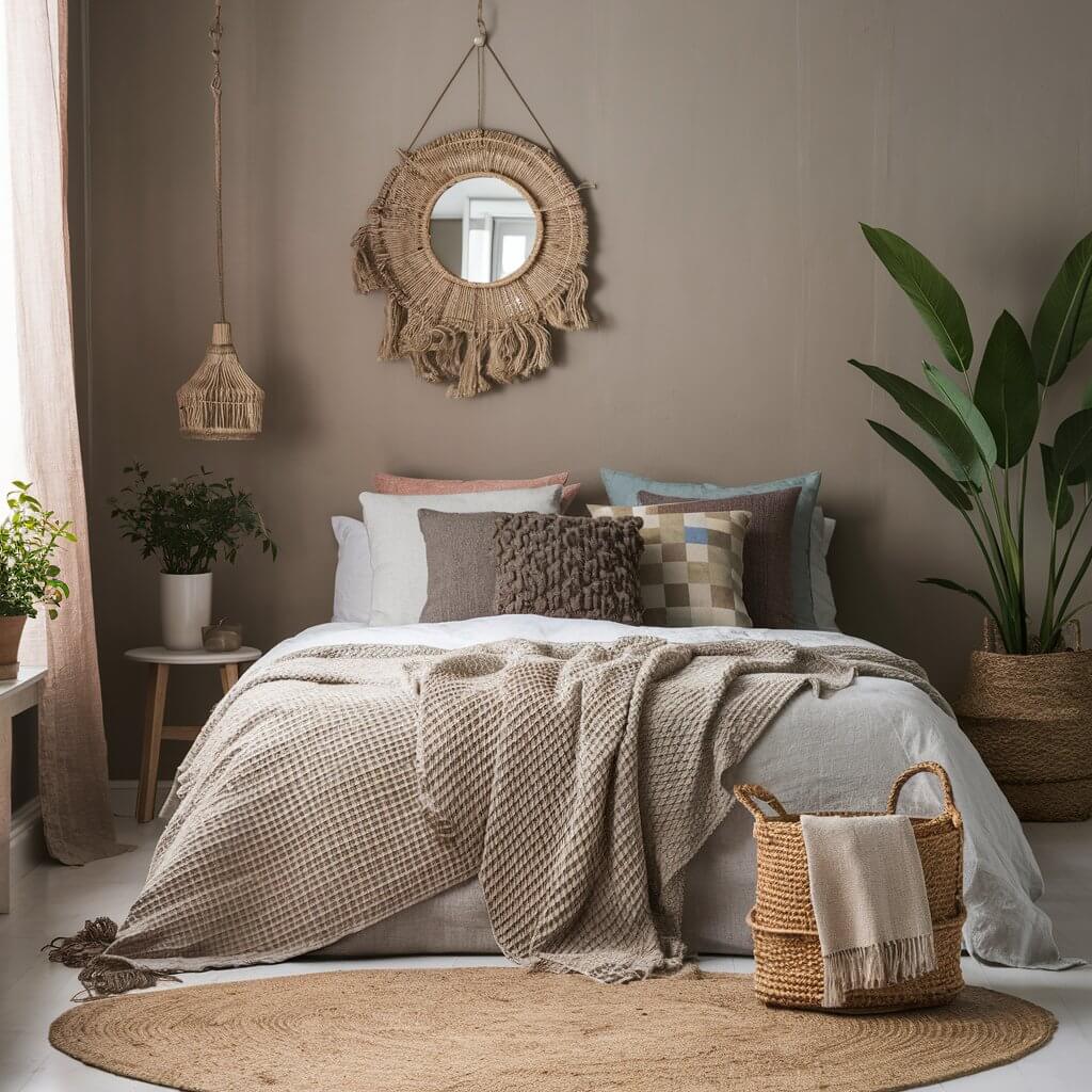 Earthy bedroom idea featuring layered textiles for comfort, showcasing a warm and inviting mix of cozy blankets, soft throws, and textured pillows in natural, earthy tones. This organic-inspired bedroom design embraces neutral bedding layers, adding depth and warmth to the space, perfect for creating a calming, nature-inspired retreat.