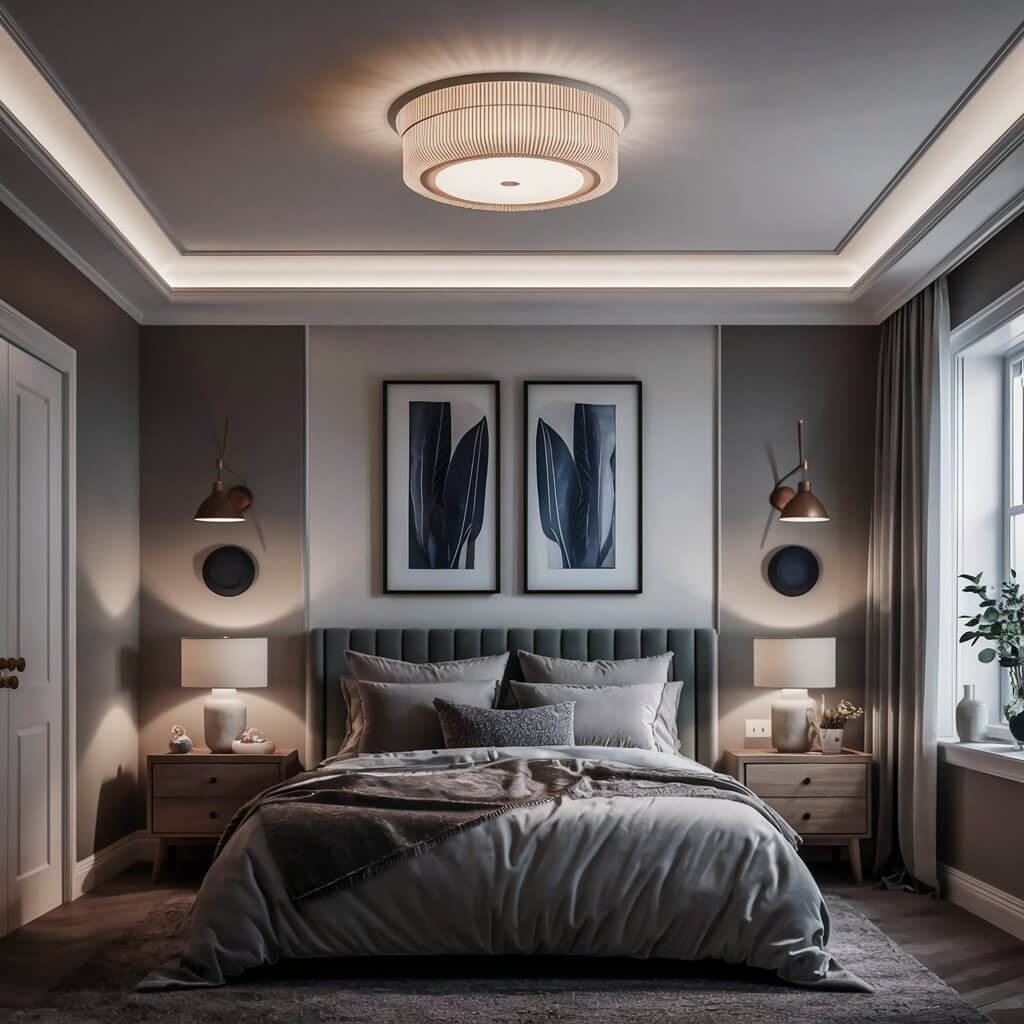 12 Creative Bedroom Décor Light Ideas for Every Style 2 Cozy bedroom decor featuring layered lighting ideas with a combination of warm bedside lamps, hanging pendant lights, and soft ambient lighting. This layered lighting design creates a perfect balance of brightness and warmth, enhancing the room's aesthetic and functionality. Ideal for modern and stylish bedroom decor, this lighting setup transforms any space into a relaxing haven.